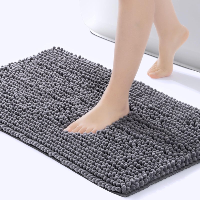 FRESHMINT Chenille Bathroom Rugs Non-Slip Bath Mat 32â€x20â€, Washable Soft Shower Mat, for Bathroom Floor & Tub Fluffy Shag Bath Rugs, Durable Thick Water Absorbent Microfiber Shower Rugs, Gray - Image 1
